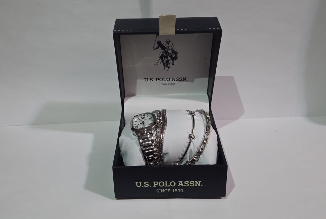 U.S. Polo Assn. Women's Silver-Tone Square Dial Watch & 3-Piece Crystal Bracelet Gift Set (USC6276) - Image 4